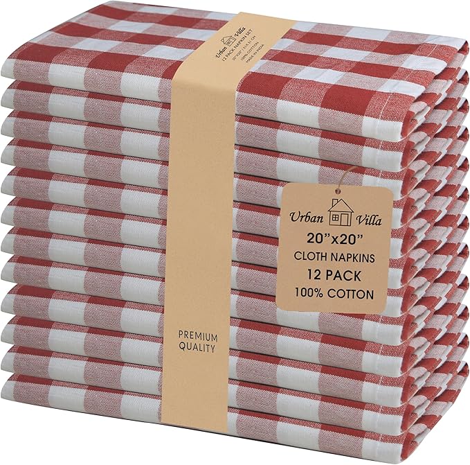 Urban Villa Cloth Napkins Set of 12 20x20 Inches 100% Cotton Napkins Cloth Washable Durable Reusable Absorbent Table Dinner Napkins Cloth for Hotel Lunch Restaurant Weddings Parties -Rust White