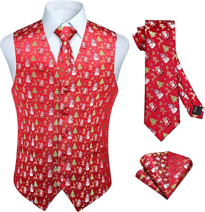 HISDERN Men's Suit Vest Christmas Holiday Season Party Jacquard Waistcoats Necktie Pocket Square Vest Suit Set
