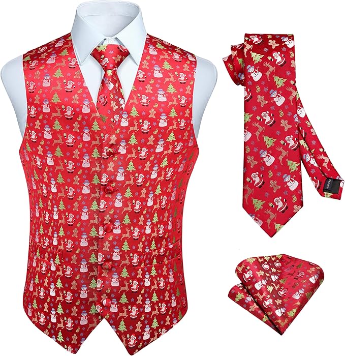 HISDERN Men's Suit Vest Christmas Holiday Season Party Jacquard Waistcoats Necktie Pocket Square Vest Suit Set