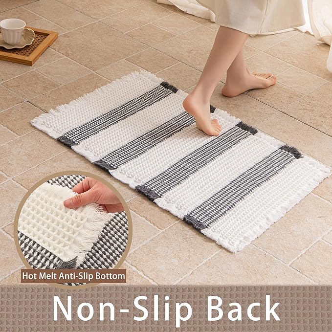 Waffle Bath Mat Non Slip, Boho Bathroom Rug, Super Absorbent Quick Dry Bathroom Mat, Soft Farmhouse Bath Rug with Tassels, Small Washable Shower Mats for Floor 20"x32", White and Grey