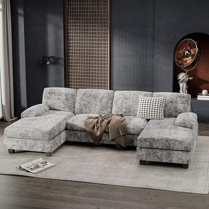Furniwell Convertible Sectional Sofa Couch, 4 Seat Sofa Set for Living Room U-Shaped Modern Fabric Modular Sofa Sleeper with Double Chaise & Memory Foam (Fabric, Grey)