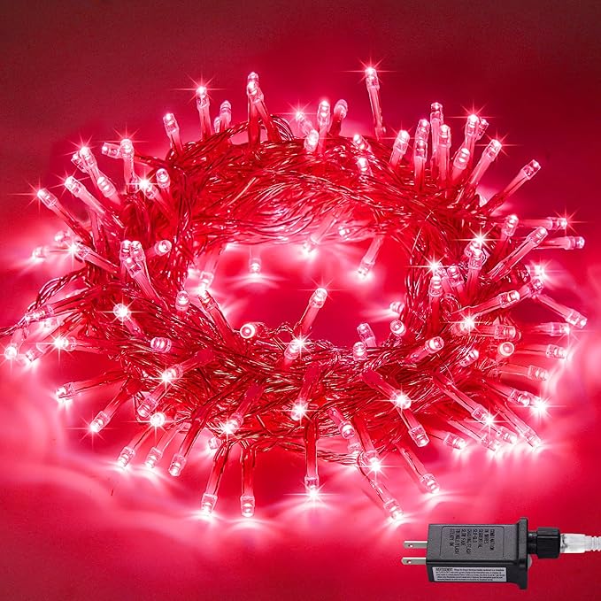 JMEXSUSS 33ft 100 LED Red Christmas Lights, Connectable 8 Modes Room String Light Indoor Plug-in, Clear Wire Red Christmas Tree Lights Outdoor Waterproof for Xmas Bedroom, Party