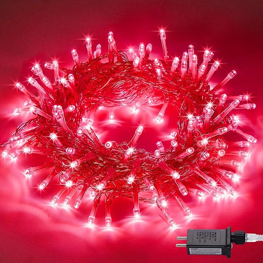 JMEXSUSS 33ft 100 LED Red Christmas Lights, Connectable 8 Modes Room String Light Indoor Plug-in, Clear Wire Red Christmas Tree Lights Outdoor Waterproof for Xmas Bedroom, Party