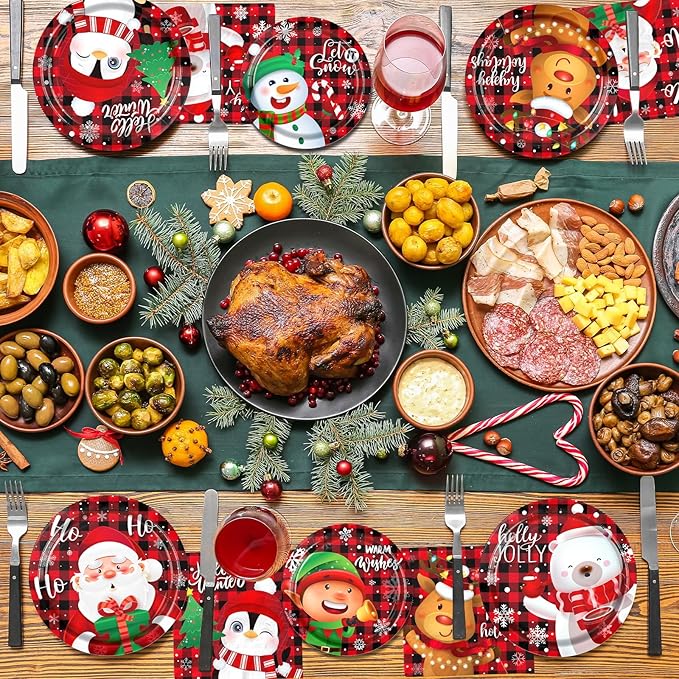 60pcs Christmas Paper Plates and Napkins Disposable Santa Snowman Christmas Plaid Plates Dinnerware Set Table Decorations for Holiday Xmas Party Supplies
