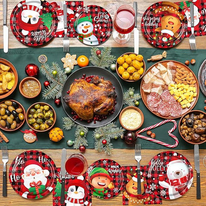 60pcs Christmas Paper Plates and Napkins Disposable Santa Snowman Christmas Plaid Plates Dinnerware Set Table Decorations for Holiday Xmas Party Supplies