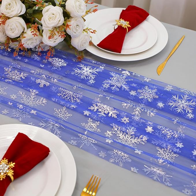 Snowkingdom Blue Silver Christmas Snowflake Table Runner 10ft, Royal Blue Tulle Gauze Sheer 120 Inch Winter Cheesecloth Table Runner for Seasonal Holiday Party, New Year, Wedding Dining Table Decor