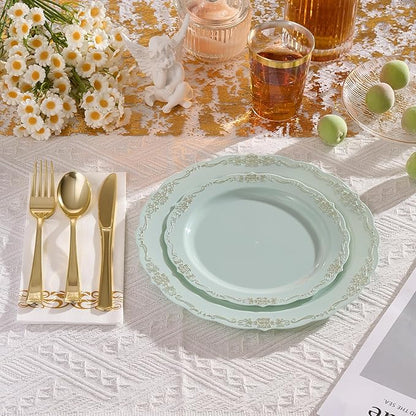 350 PCS Green Disposable Plates, Elegant Dinnerware Set for 50 Guests, 100 Plastic Plates, 150 Silverware, 50 Cups & 50 Paper Napkins, Green