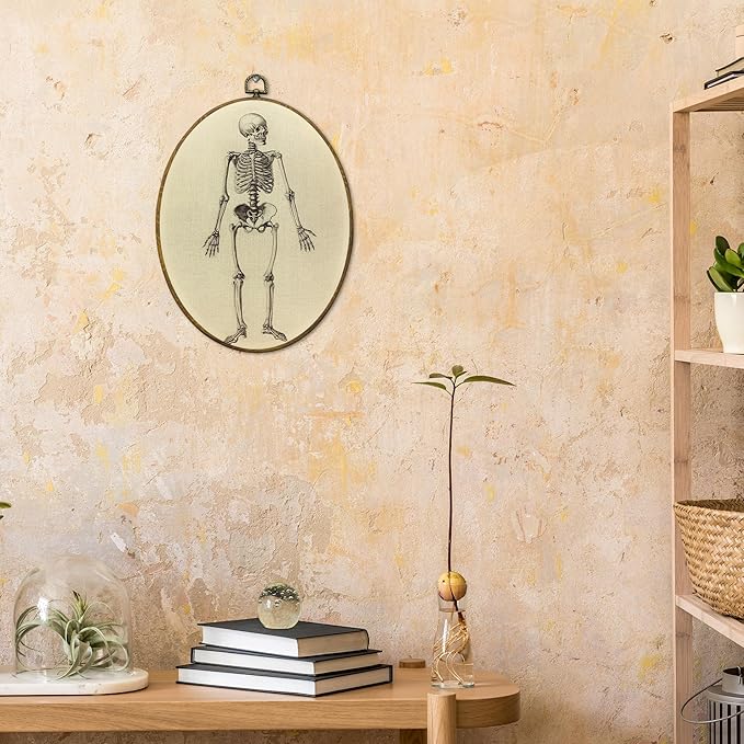 CUANFDDSF Vintage Gothic Skeleton Oval Wall Art Decor, Gothic Spooky Human Skeleton Wall Hanging Decor, Neutral Goth Skull Framed Canvas Prints for Home Bedroom Living Room Office, 8.6x11.4 Inch