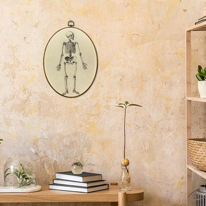 CUANFDDSF Vintage Gothic Skeleton Oval Wall Art Decor, Gothic Spooky Human Skeleton Wall Hanging Decor, Neutral Goth Skull Framed Canvas Prints for Home Bedroom Living Room Office, 8.6x11.4 Inch