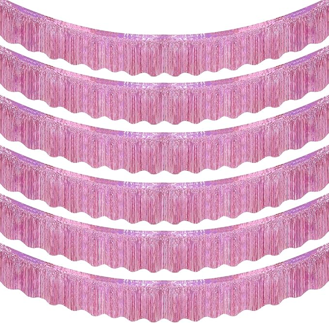 LOLStar 6 Pack Pink Foil Fringe Garland Birthday Party Decorations, 59Ft Metallic Tinsel Streamers Banner, Glitter Photo Booth Prop Table Skirt for Wedding Parade Float Gender Reveal Party Decor