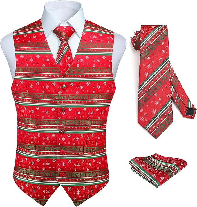 HISDERN Men's Suit Vest Christmas Holiday Season Party Jacquard Waistcoats Necktie Pocket Square Vest Suit Set