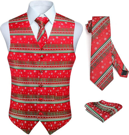 HISDERN Men's Suit Vest Christmas Holiday Season Party Jacquard Waistcoats Necktie Pocket Square Vest Suit Set
