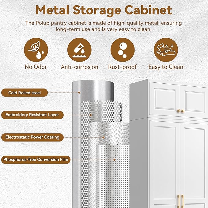 Kitchen Pantry Cabinet, 86 Inch Tall Metal Storage Cabinet, Food Pantry cabinets with Doors and Shelves, White Storage Cabinets for Living Room, Dining, Office, Bathroom, Assembly Required