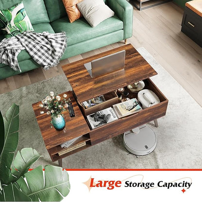 WLIVE Coffee Table, 47“ Lift Top Coffee Tables with Adjustable Storage Shelf and Hidden Compartment, Lift Tabletop Dining Table for Living Room, Rustic Oak