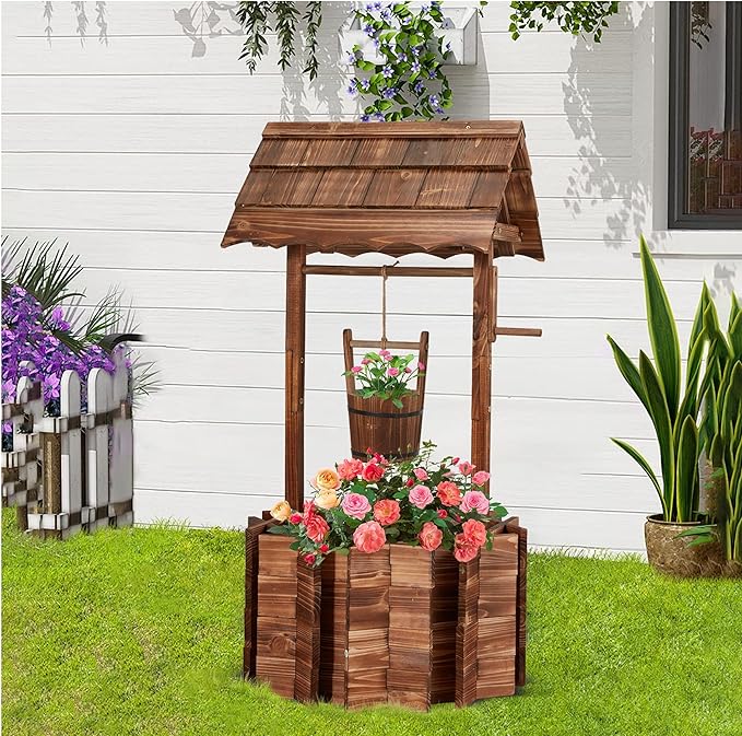 Bezseller Wishing Wells for Outdoors, Wooden Wishing Well Planter for Outdoor Yard, Large Rustic Outdoor Flower Planters with 4 Reinforced Rod & Hanging Bucket for Backyard Patio Garden Home Decor