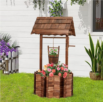 Bezseller Wishing Wells for Outdoors, Wooden Wishing Well Planter for Outdoor Yard, Large Rustic Outdoor Flower Planters with 4 Reinforced Rod & Hanging Bucket for Backyard Patio Garden Home Decor