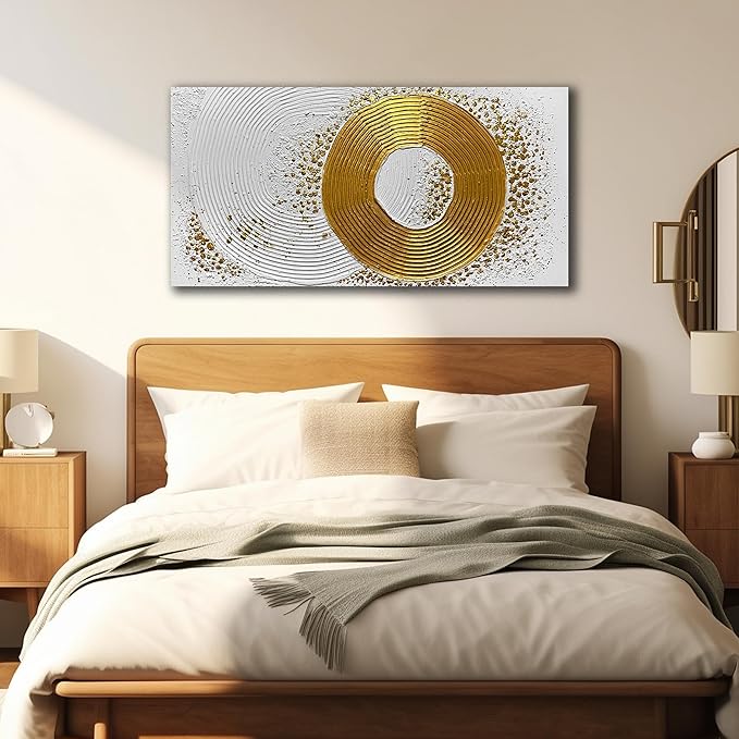 White and Gold Wall Decor for Living Room Abstract Circle Painting Wall Art for Dining Room Modern Art Wall Decor for Office Size 24 x 47 Inch