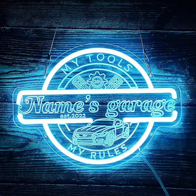 Custom Garage Neon Sign for Wall Decor, Personalized Garage LED Sign, Customizable Your Name Est Year Theme Workshop Man Cave Neon Light Signs, Garage Light Up Sign for Men Dad Gift