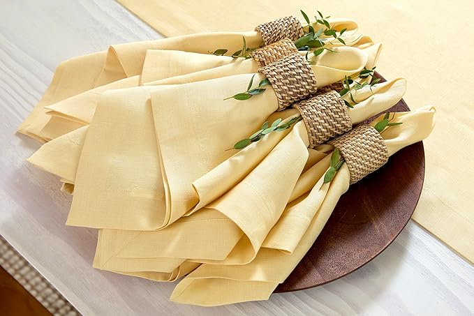 Solino Home Linen Napkins Set of 4-100% Pure Linen Golden Straw Dinner Napkins Cloth 20 x 20 Inch for Fall, Autumn - Fete, Handcrafted and Machine Washable