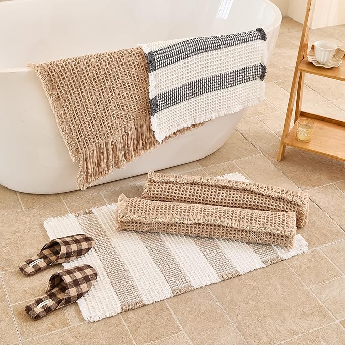 Waffle Bath Mat Non Slip, Boho Bathroom Rug, Super Absorbent Quick Dry Bathroom Mat, Soft Farmhouse Bath Rug with Tassels, Small Washable Shower Mats for Floor 24"x36", Square Brown