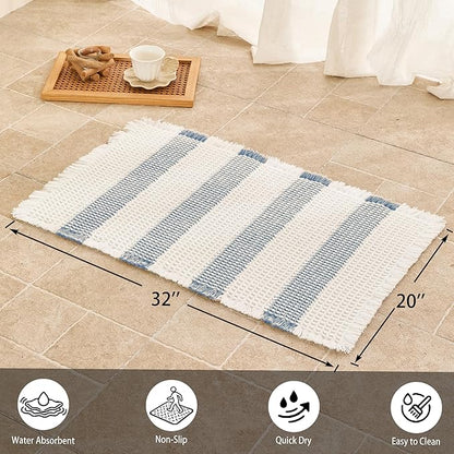 Waffle Bath Mat Non Slip, Boho Bathroom Rug, Super Absorbent Quick Dry Bathroom Mat, Soft Farmhouse Bath Rug with Tassels, Small Washable Shower Mats for Floor 20"x32", White and Blue
