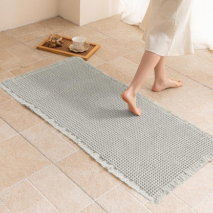 Waffle Runner Rug Non Slip, Boho Bath Mat, Super Absorbent Quick Dry Long Bath Runner Bathroom, Soft Farmhouse Bath Rug with Tassels, Washable Shower Mats for Floor 24"x72", Light Grey