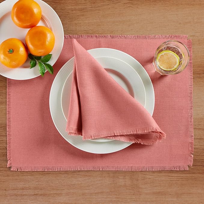 Solino Home Fringe Linen Placemats Set of 4 - Dusty Rose Placemats 14 x 19 Inch - 100% Pure Linen Table Mats