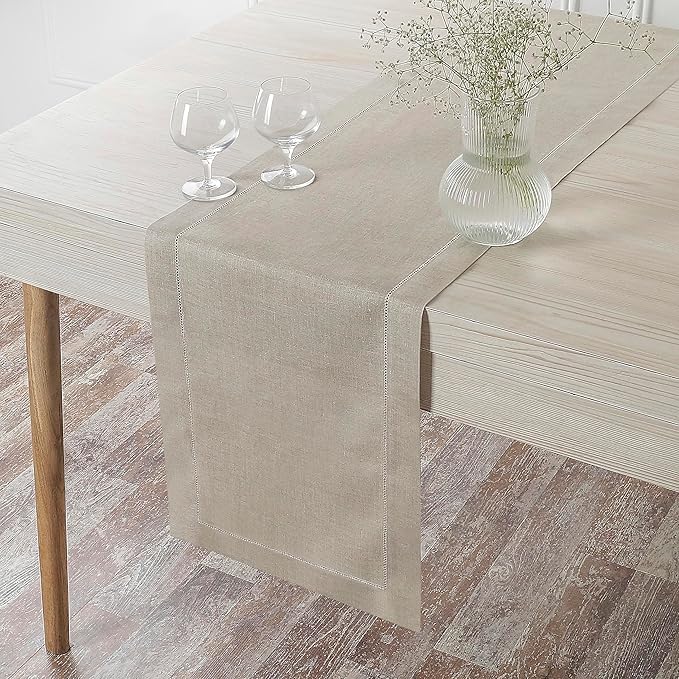 D'Moksha Homes Linen Natural Table Runner 60 Inches - Classic Hemstitch, 100% Pure Linen Coffee Table Runner 14 x 60 Inch Ideal for Dresser Tables - Winter, Christmas, Holiday