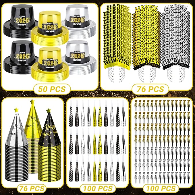 400PCS New Years Party Favors, 2026 New Years Party Hats 200 People, New Years Headbands Gold Black Silver, Plastic Cardboard New Year Supplies Cone Hats Party Blowers Horns
