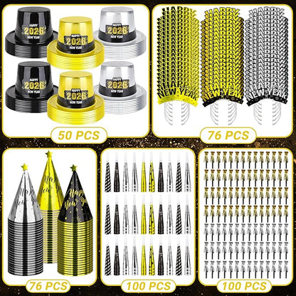 400PCS New Years Party Favors, 2026 New Years Party Hats 200 People, New Years Headbands Gold Black Silver, Plastic Cardboard New Year Supplies Cone Hats Party Blowers Horns