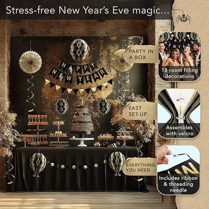 Premium Reusable New Years Decorations 2026 - Multi-occasion Happy New Year Banner also spells Happy Birthday, Fast Assembly with Velcro - NY Eve 2026 Party Supplies / Black and Gold Party Decorations