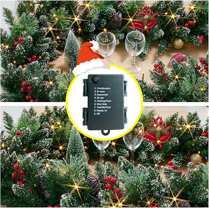 Christmas Garland with Lights, Battery Powered 8 Lighting Modes, 9FT 50 LED Luminous Christmas Decorations Indoor Home Decor.