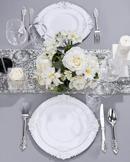 Nervure 175PCS Silver Plastic Plates - White and Silver Disposable Plates for 25 Guests Include 50Plates, 25Cups, 25Forks, 25Knives, 25Spoons, 25Napkins for Wedding & Party