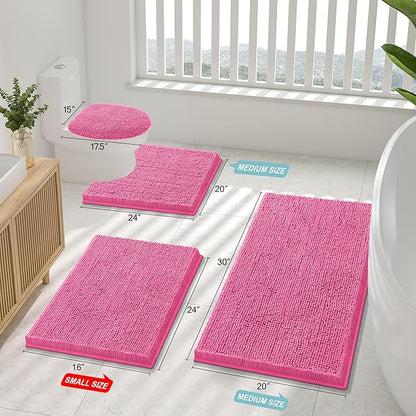 Smiry Luxury Chenille Bathroom Rugs 24x16, Extra Soft and Absorbent Shaggy Bath Mat, Machine Washable, Non-Slip Plush Carpet Runner for Tub, Shower, and Floor, Home Decor Accessories, Hot Pink