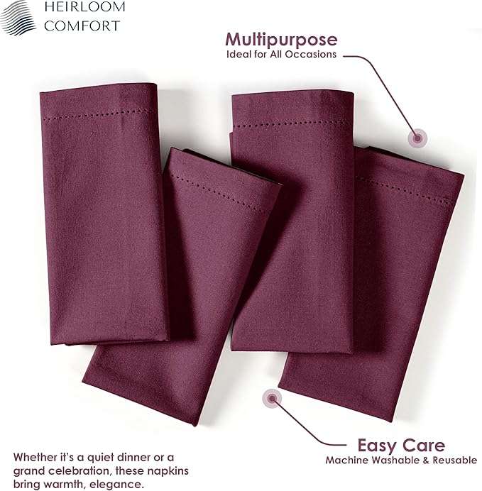Burgundy Wine Cloth Napkins 18"x18", Set of 6-100% Cotton, Soft, Absorbent, Durable, Reusable, Washable - Hemstitch Mitered Edges - Ideal for Weddings, Receptions, Holiday Events