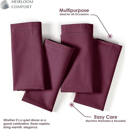 Burgundy Cotton Cloth Napkins 18"x18" - Set of 12 - Soft, Absorbent, Durable, Reusable, Washable - Hemstitch Mitered Edges - Perfect for Weddings, Receptions, Holiday, Formal Events