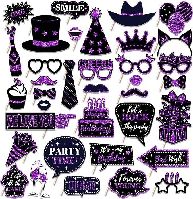 CC HOME 36Pcs Happy Birthday Photo Booth Props, Glitter Purple Birthday Party Decorations Party Favor for Forever Young Cheers Party Time Birthday Party Supplies Party Essentials