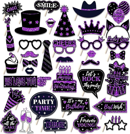 CC HOME 36Pcs Happy Birthday Photo Booth Props, Glitter Purple Birthday Party Decorations Party Favor for Forever Young Cheers Party Time Birthday Party Supplies Party Essentials