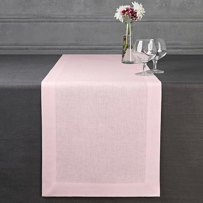 D'Moksha Homes Linen Pastel Pink Table Runner 120 Inches Long - 100% Pure Linen Dining Table Runner 14 x 120 Inch for Winter, Christmas, Holiday - Machine Washable