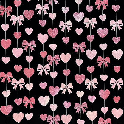 Pink Bow Decorations Pink Glitter Paper Heart Bow Hanging Garland Streamer for Coquette Birthday Valentines Bachelorette Anniversary Wedding Bridal Shower Baby Shower Hen Party Decorations Supplies
