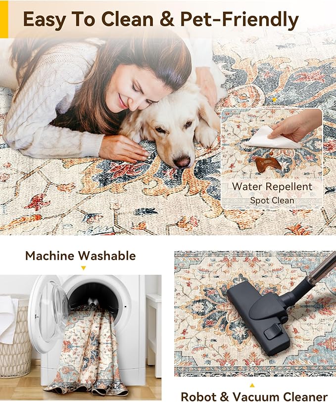 Area Rugs 3'x6' Runner Rug Non Slip Washable for Kitchen Hallway Bedroom Beside Laundry Room Bathroom Rug, Floor Carpet, Beige Navy Blue Orange Colorful