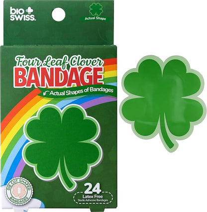 BioSwiss Kids Bandages, 4 Leaf Clover Shaped Self Adhesive Bandage Set, Latex Free, Sterile Wound Care, 24 Count