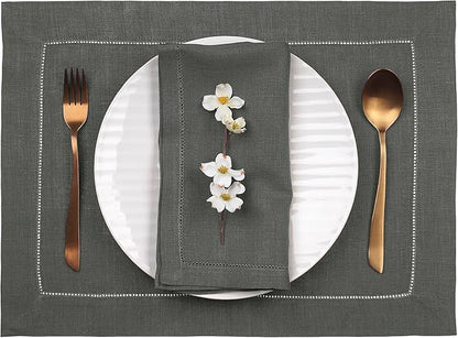 D'Moksha Homes Linen Placemats Set of 4 - Classic Hemstitch Charcoal Grey Placemats 14 x 19 Inch - 100% Pure Linen Table Mats for Christmas, Holiday - Handcrafted and Machine Washable