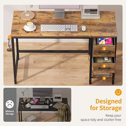 CubiCubi Computer Desk with 2 Drawers, 40 Inch Small Home Office Desk with Storage Study Writing Table, Light Brown