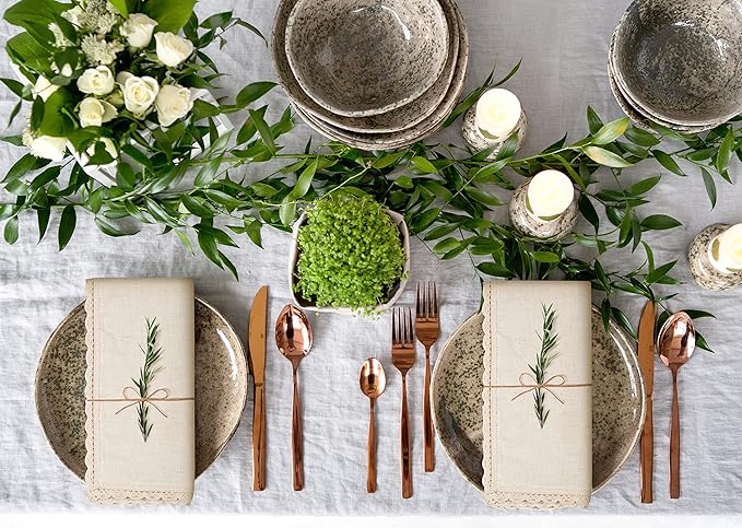 Cloth Napkins Reusable Natural Cloth Dinner Napkins Set of 12 Cotton Flax Fabric Oversized 20x20 Inches Cloth Napkins with Lace for Parties Weddings Washable Cocktail Napkins Thanksgiving Decor