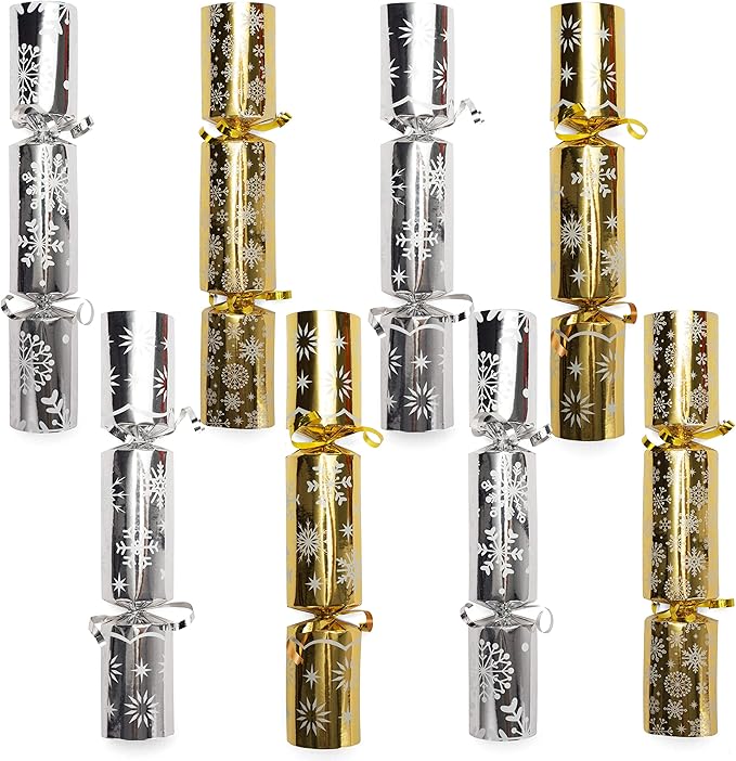 JOYIN 8 Pack Christmas No Snap Party Table Favor with Gold & Silver Snowflake Design, with Party Hat, Joke & Little Gift Inside, for Xmas Gift, Christmas Seasonal Holiday Dinner