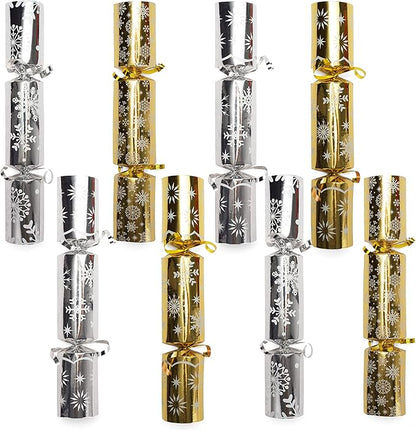 JOYIN 8 Pack Christmas No Snap Party Table Favor with Gold & Silver Snowflake Design, with Party Hat, Joke & Little Gift Inside, for Xmas Gift, Christmas Seasonal Holiday Dinner
