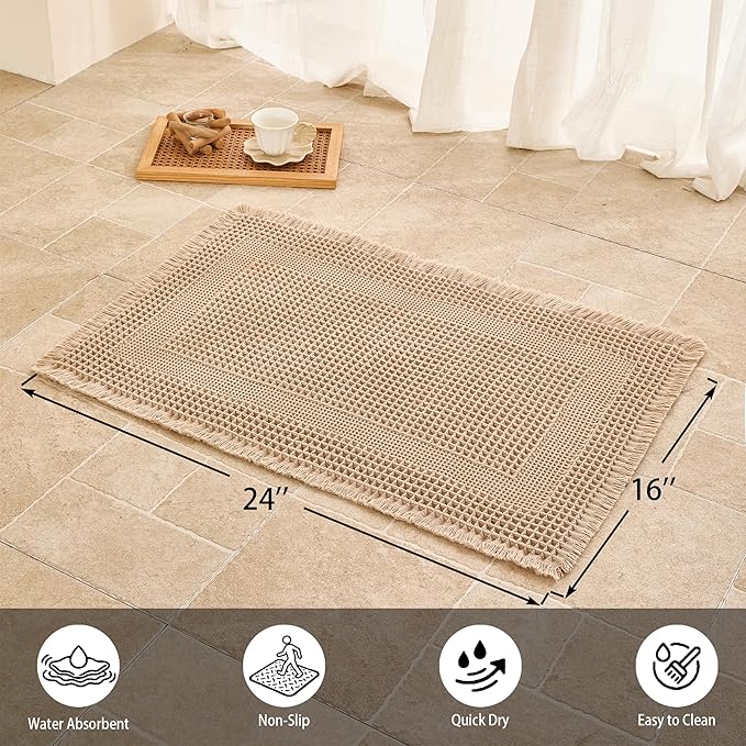 Waffle Bath Mat Non Slip, Boho Bathroom Rug, Super Absorbent Quick Dry Bathroom Mat, Soft Farmhouse Bath Rug with Tassels, Small Washable Shower Mats for Floor 16"x24", Square Brown
