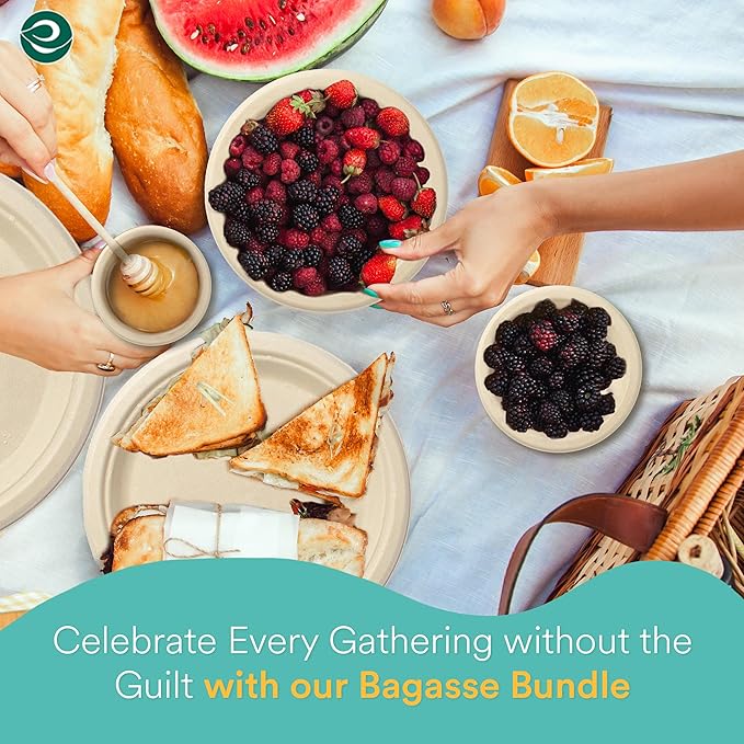 ECO SOUL 400 Pcs Compostable Dinnerware Set For 50 Guests, 50 Pcs Each Of Eco-Friendly Disposable Paper Plates Of 9"" & 6"", Cutlery, Napkins, 16 oz Bowls & 16 oz Cups For Party, Picnic & Gathering
