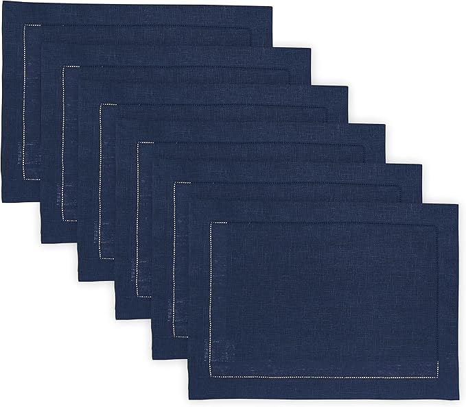 Solino Home Linen Cloth Placemats Set of 6-100% Pure Linen Hemstitch Navy Blue Placemats 14 x 19 Inch - Classic Hemstitch Table Place Mats for Christmas, Holiday, Winter, New Year